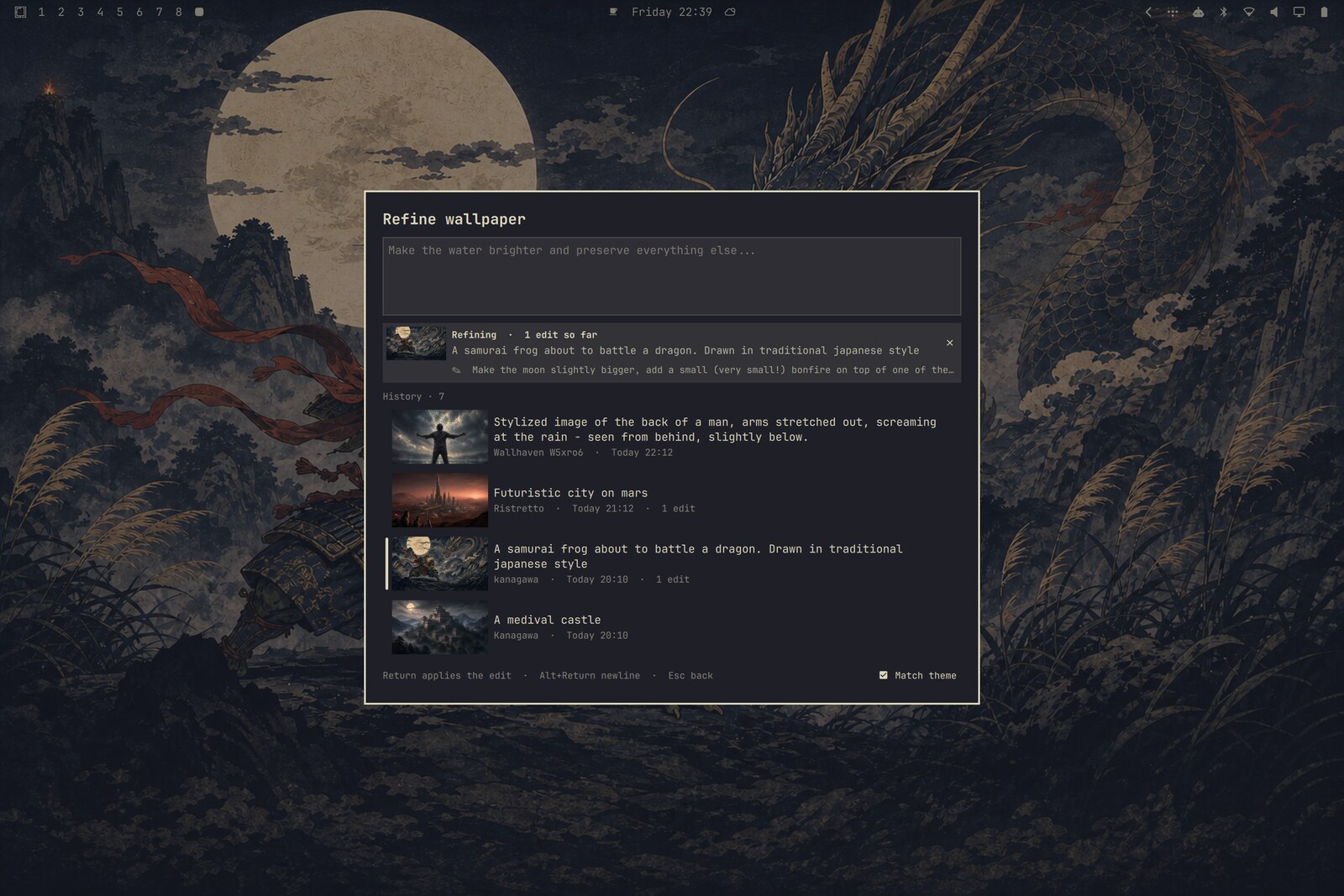 Refining the current wallpaper: the strip shows its thumbnail, original prompt, and last edit