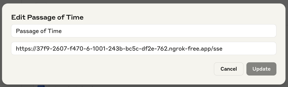 Setting up the passage-of-time MCP server in Claude's interface - each tool comes with clear descriptions and permissions