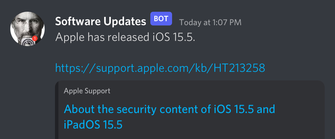 Screenshot of a sample Discord notification: "Apple has released iOS 15.5."