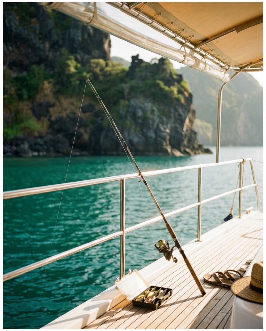Fishing rod on catamaran rail Jeju