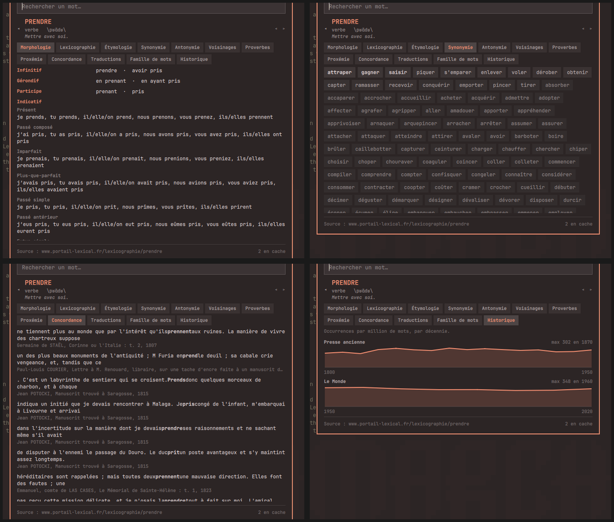 Morphologie, Synonymie, Concordance and Historique for PRENDRE