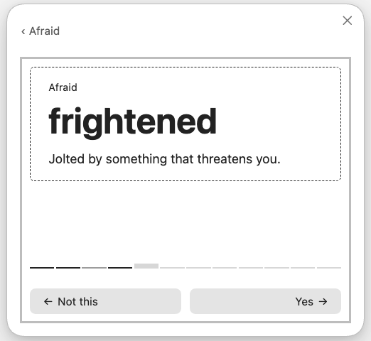 One word of a walk — Afraid, frightened — with its definition and a progress rule
