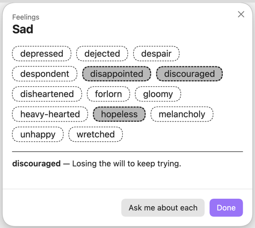 One category open — every word in Sad at once, three of them marked