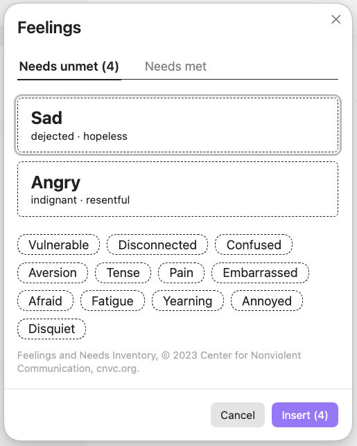 The feelings picker: needs unmet and needs met tabs, two answered categories, the rest as pills
