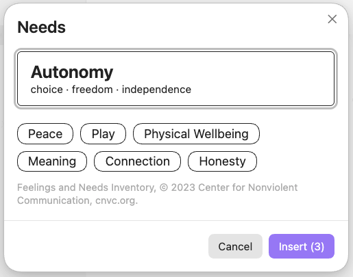 The needs picker, one undivided list of categories