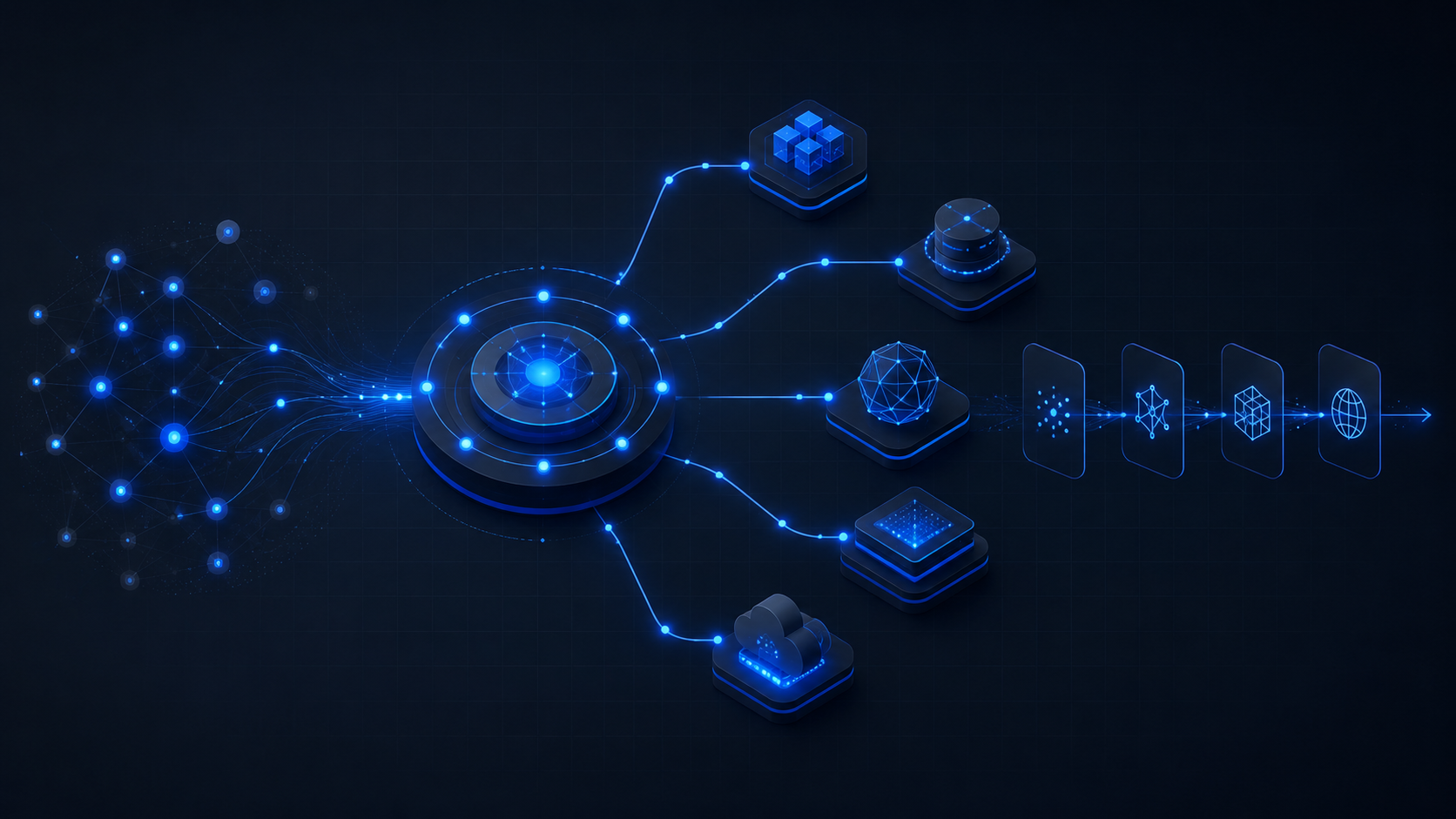 AIWG 2026.6.0 — a multi-platform AI deployment framework: a central hub linked to distinct provider nodes, a knowledge-graph cluster, and an orchestration pipeline