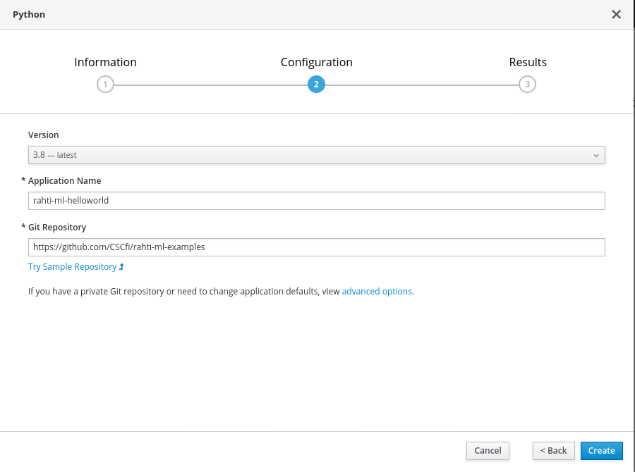 Image of Rahti web user interface: configuration of the application