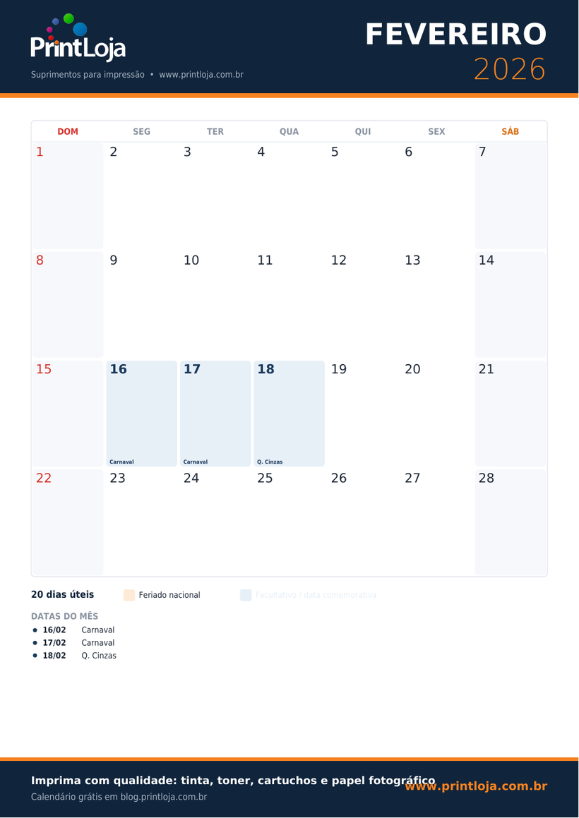 Calendário de Fevereiro 2026 para imprimir em A4 com feriados