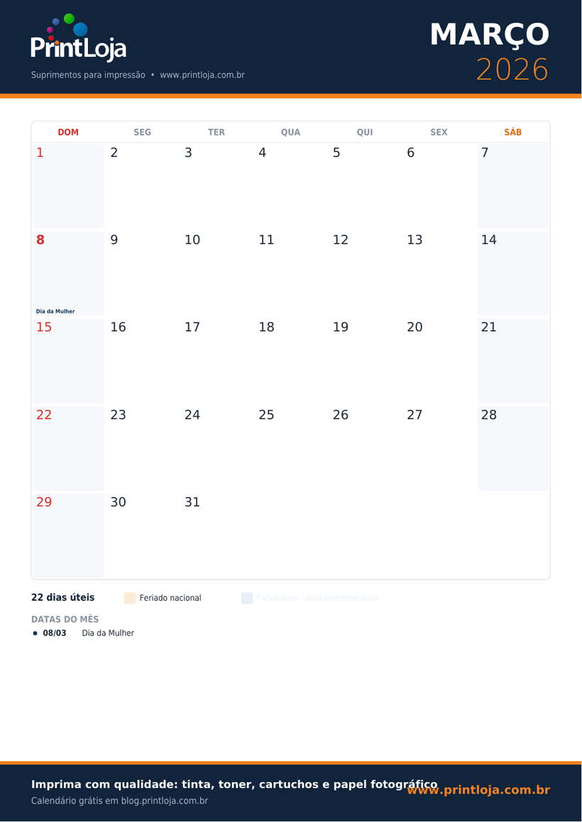 Calendário de Março 2026 para imprimir em A4 com feriados