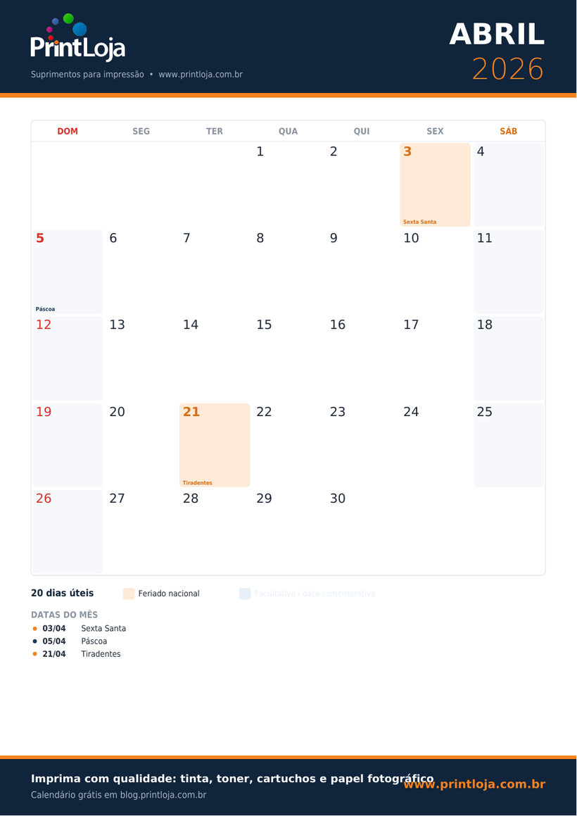 Calendário de Abril 2026 para imprimir em A4 com feriados