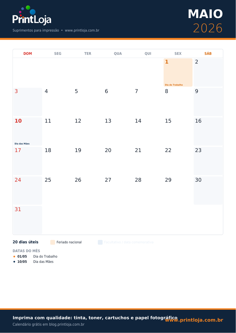Calendário de Maio 2026 para imprimir em A4 com feriados