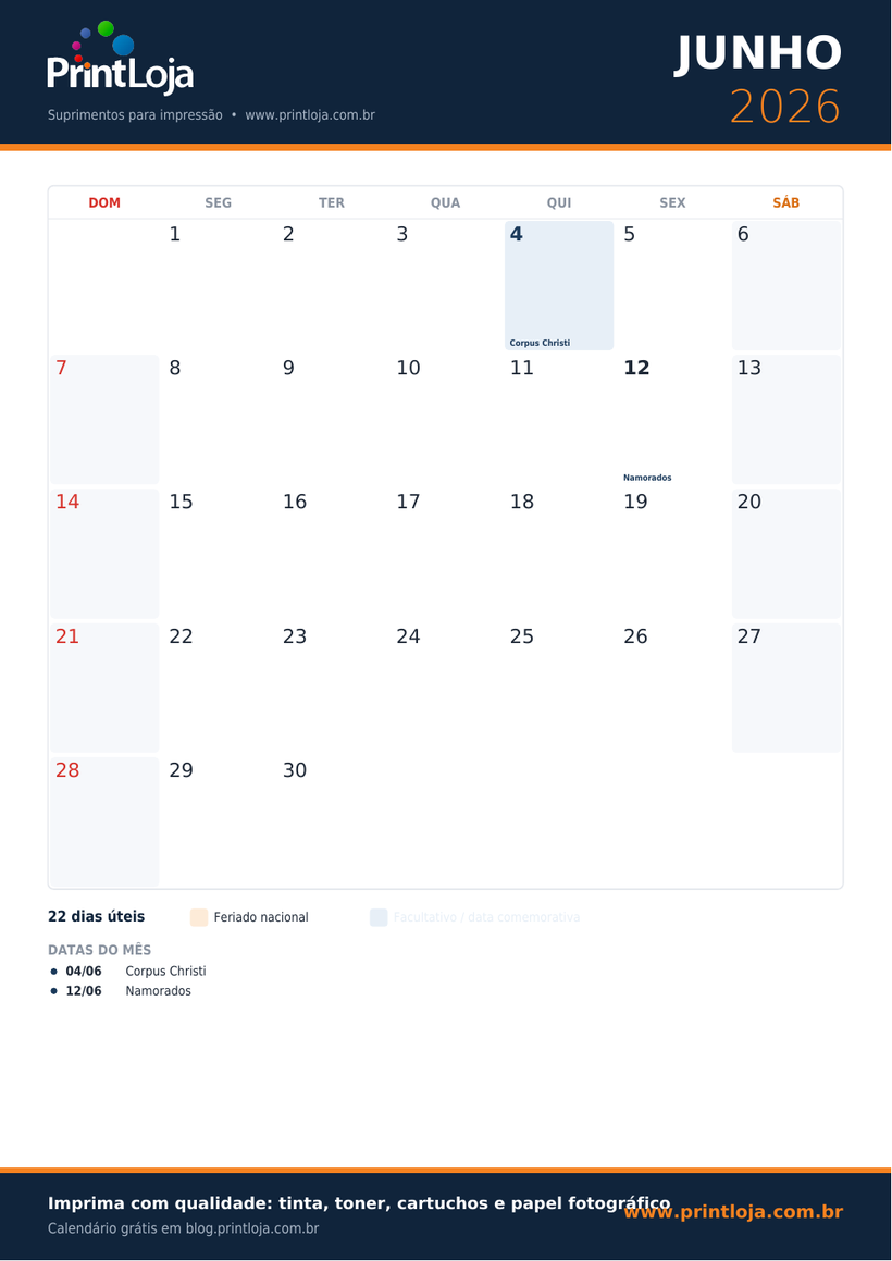Calendário de Junho 2026 para imprimir em A4 com feriados