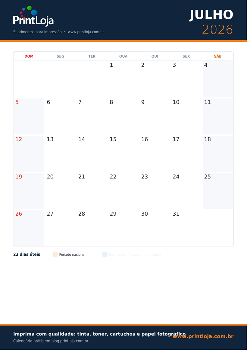 Calendário de Julho 2026 para imprimir em A4 com feriados
