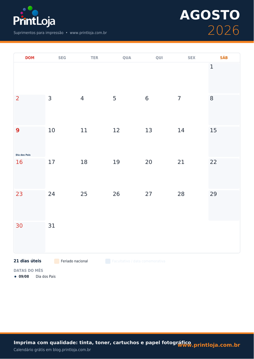 Calendário de Agosto 2026 para imprimir em A4 com feriados