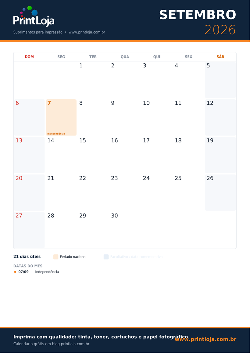 Calendário de Setembro 2026 para imprimir em A4 com feriados