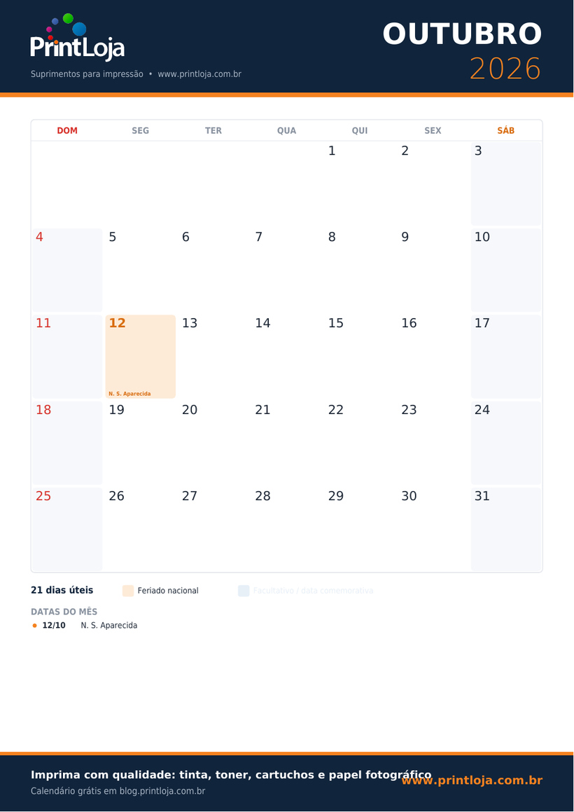 Calendário de Outubro 2026 para imprimir em A4 com feriados