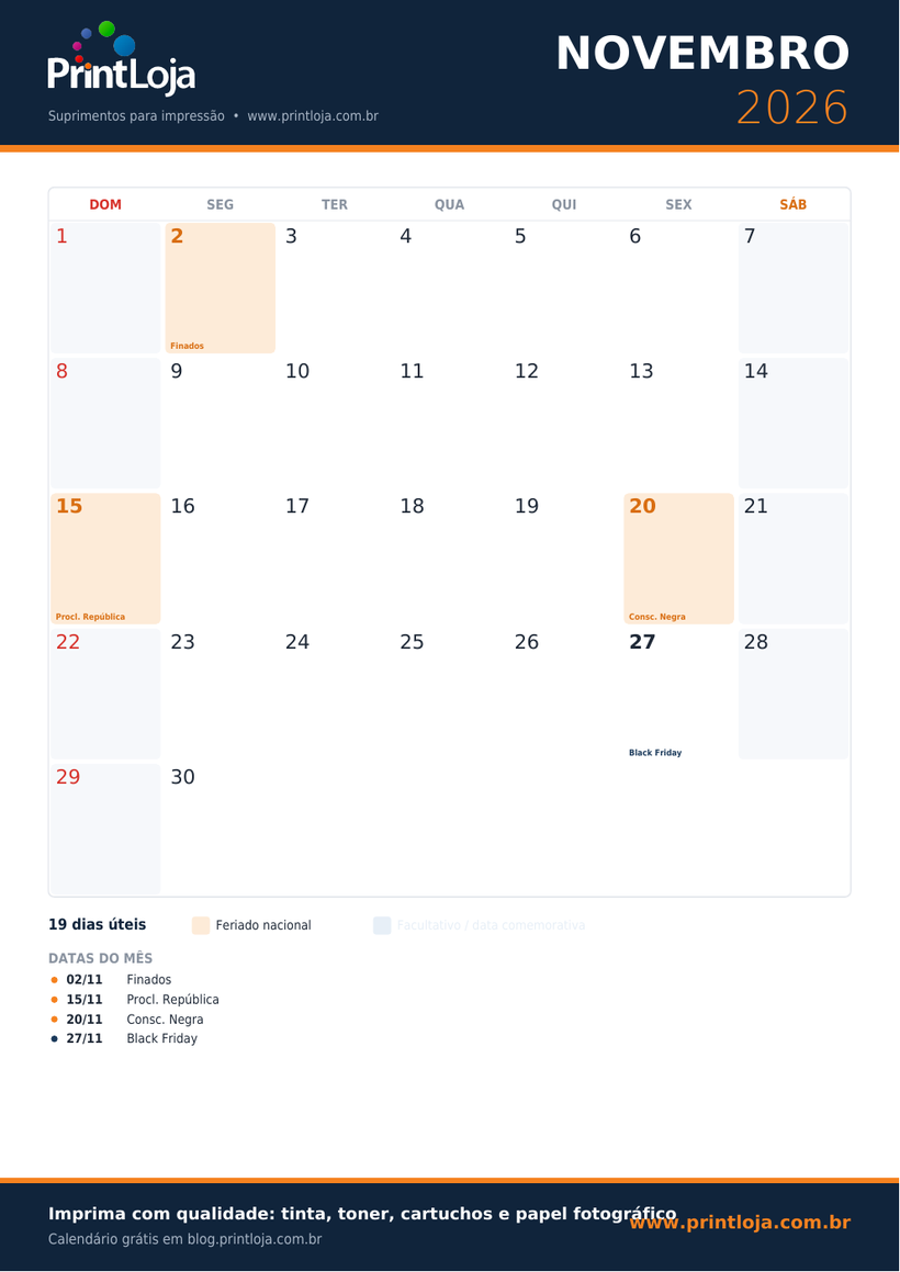 Calendário de Novembro 2026 para imprimir em A4 com feriados