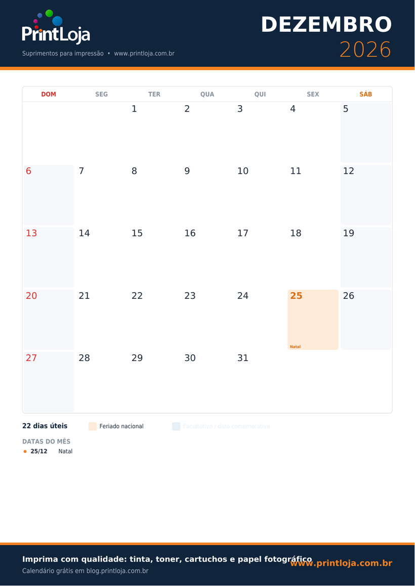 Calendário de Dezembro 2026 para imprimir em A4 com feriados