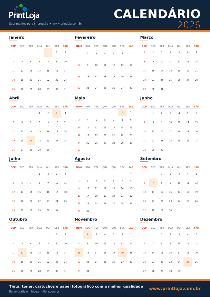 Calendário anual 2026 completo com feriados para imprimir A4