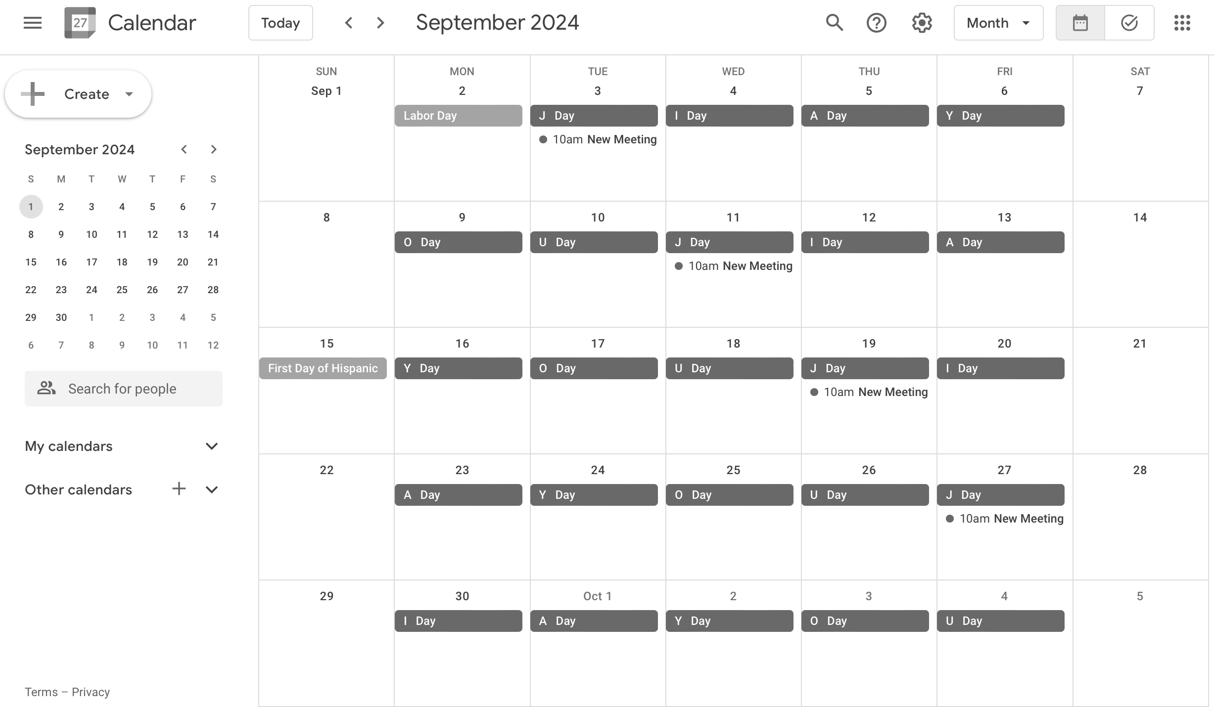 screenshot of calendar