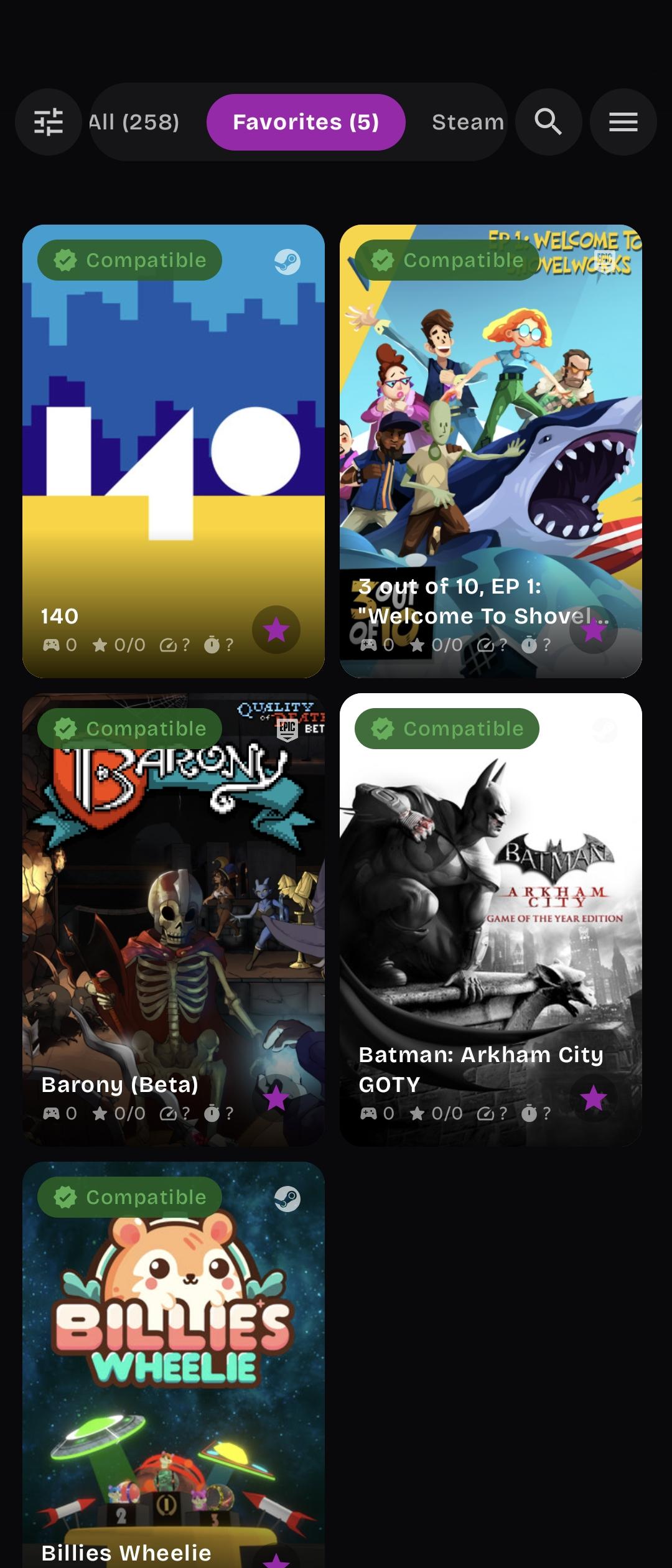 Favourites tab in grid view with a star on each card and the count in the tab