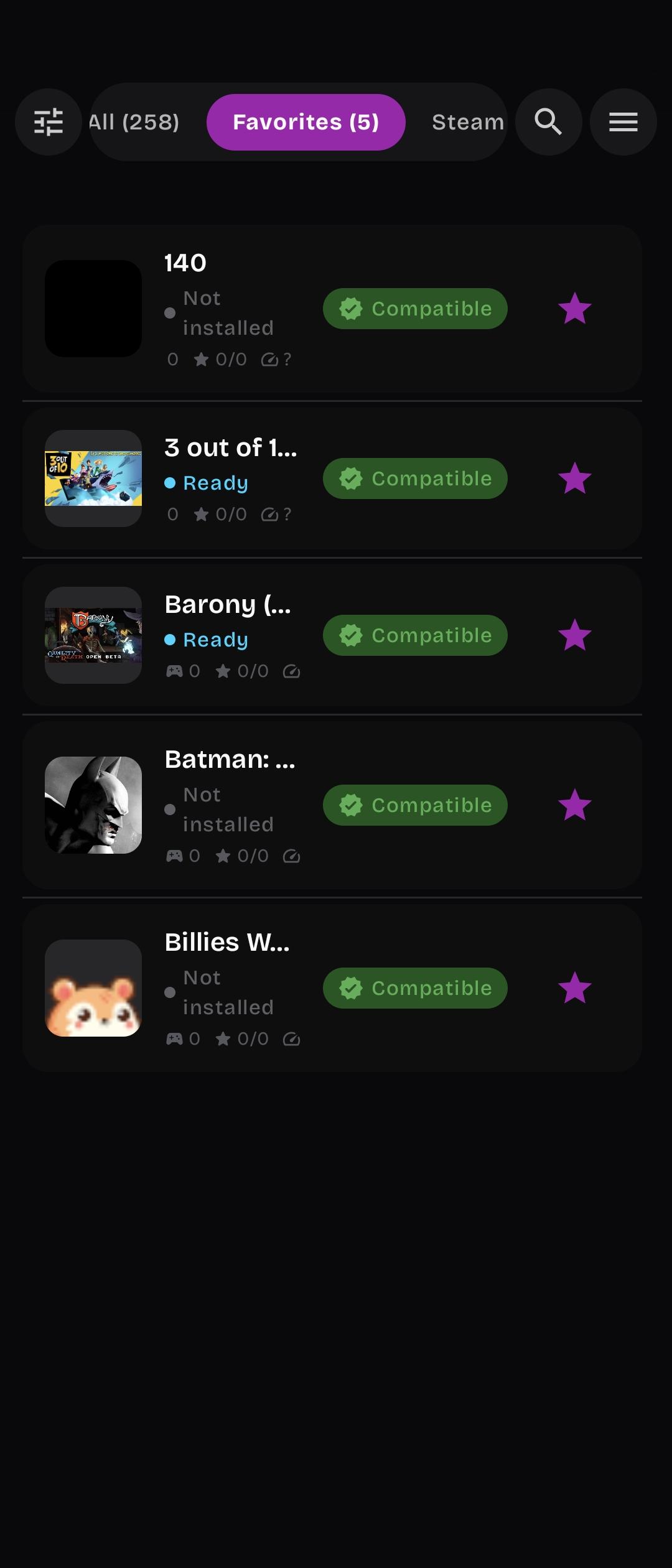 Favourites tab in list view