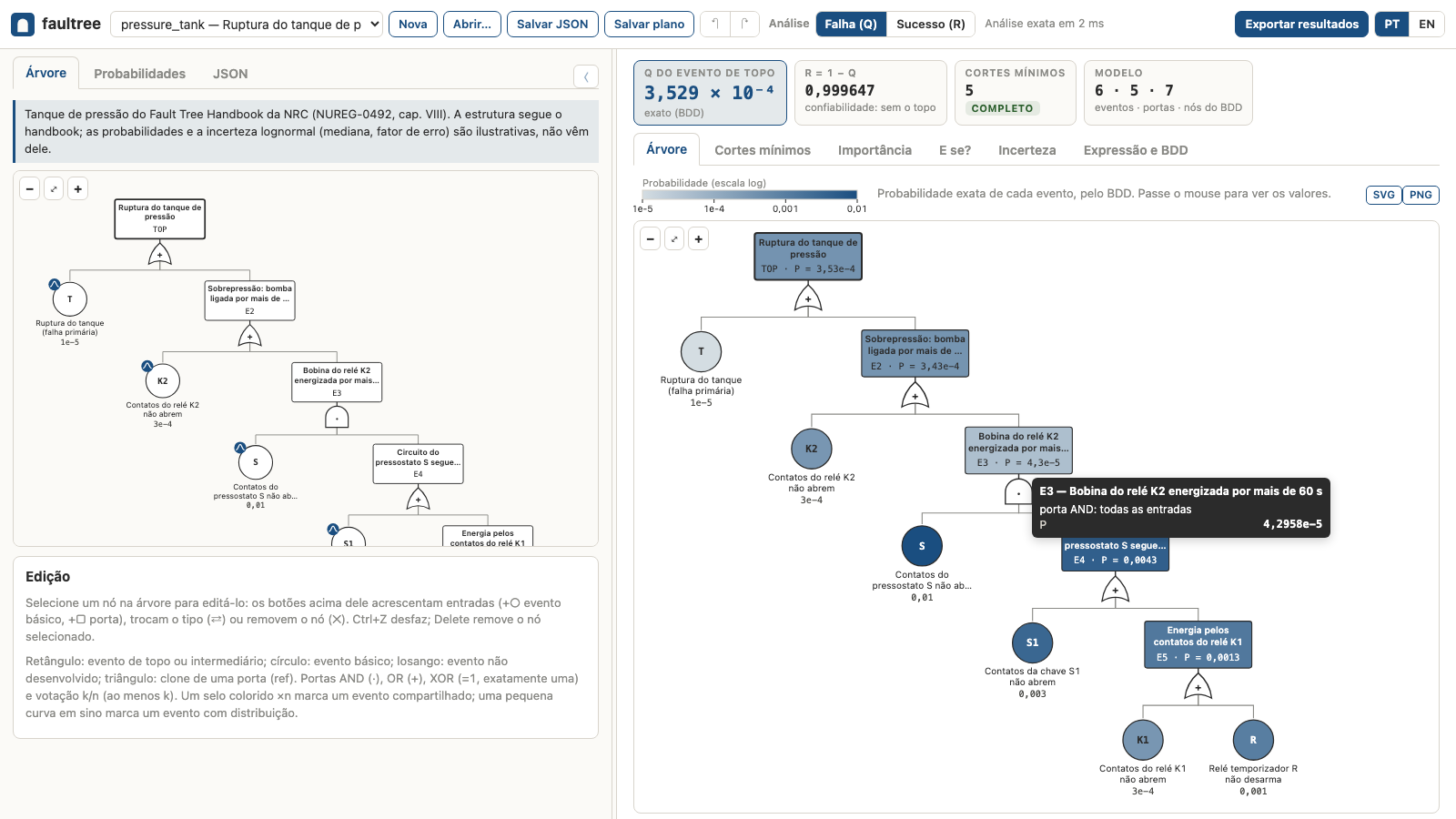 The pressure tank in the GUI: model on the left, probabilities on the tree on the right