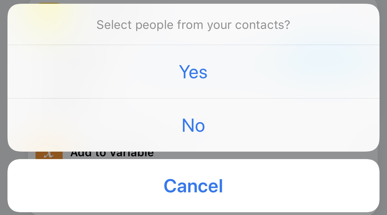 Screenshot of shortcut contacts option on iOS