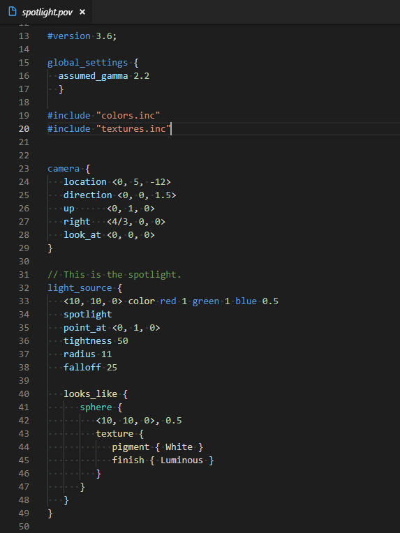 Screenshot of .pov file with syntax highlighting in VS Code