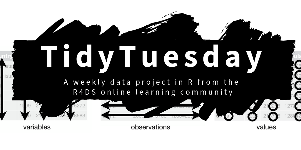 Logo for the TidyTuesday project, represented by the word TidyTuesday over a messy splash of black paint