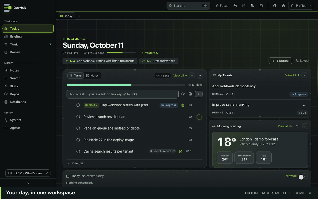 DevHub overview: your day, ticket-to-PR agents, Git, notes, diagrams, skills, plugins and approved integrations
