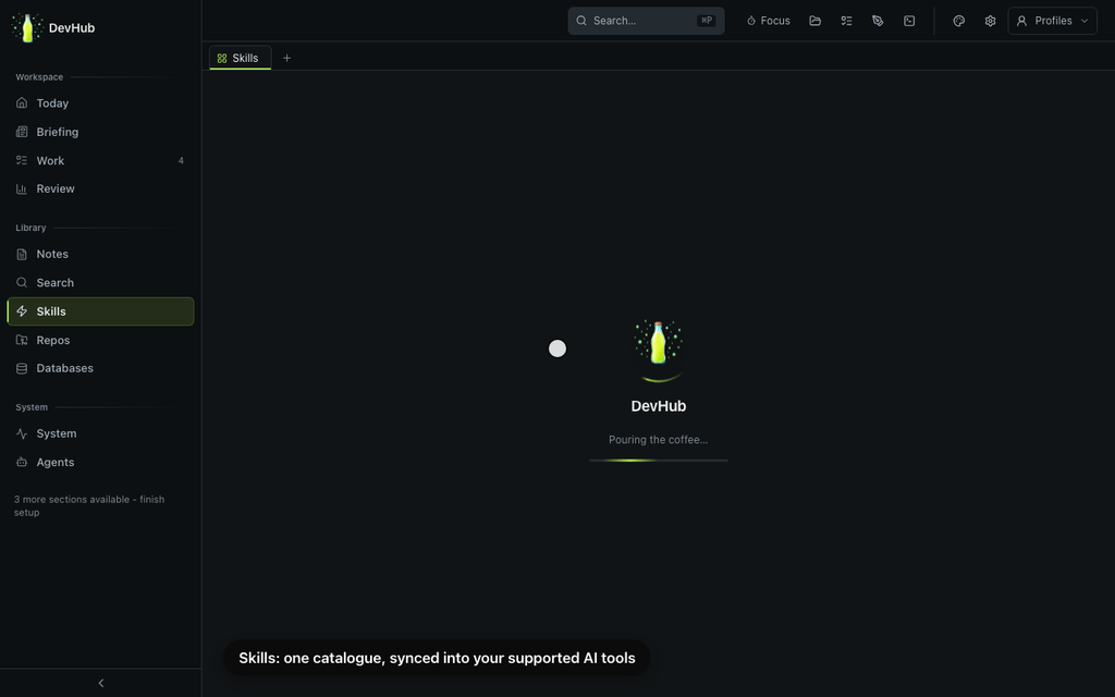 The Skills page previews a sync into each tool, then the My voice quiz saves answers