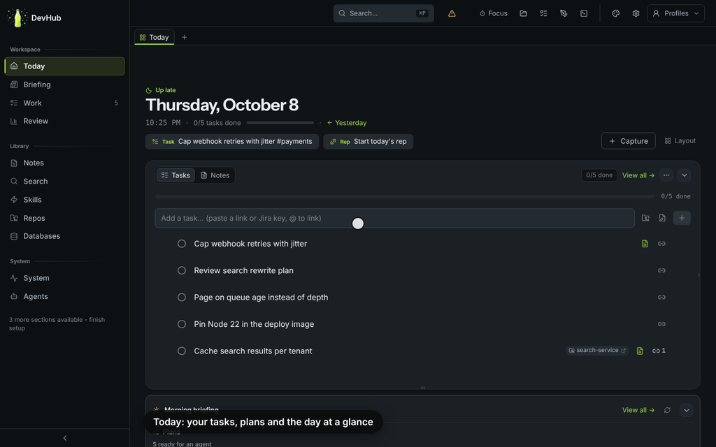 Today shows the day's tasks and which plans are ready for an agent