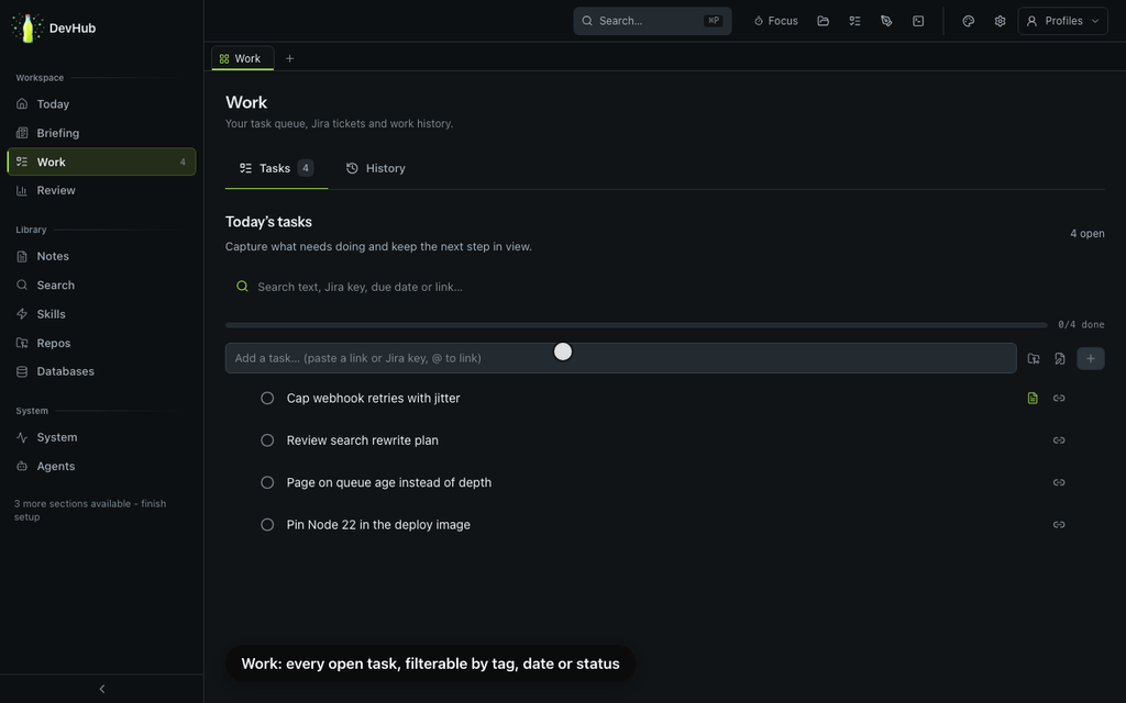 Filtering tasks, then task history and the weekly review