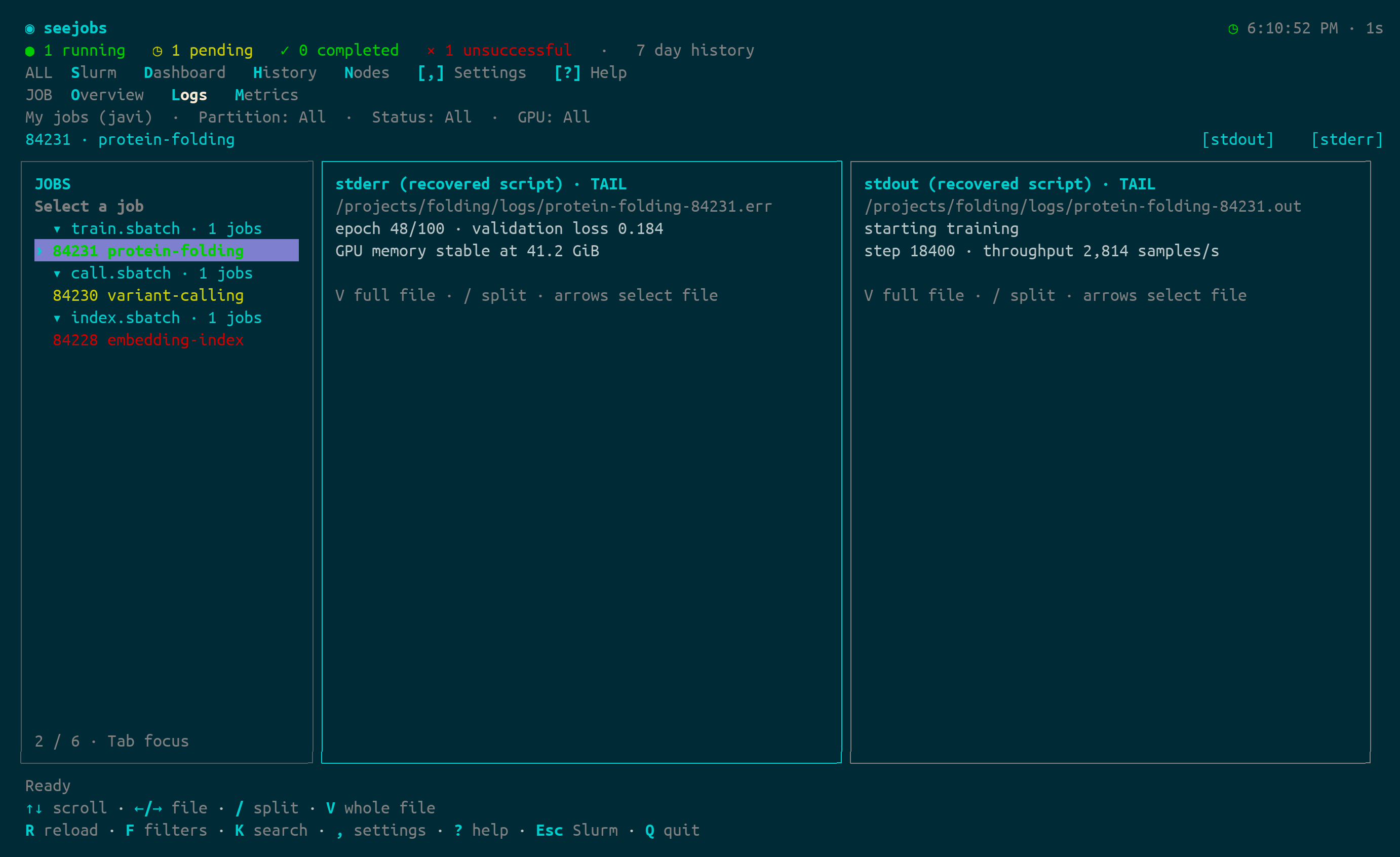 seejobs side-by-side log viewer