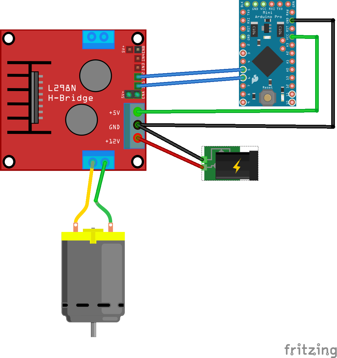 Fritzing Diagram of 2 Wire Motor Controller and Arduino Pro Mini