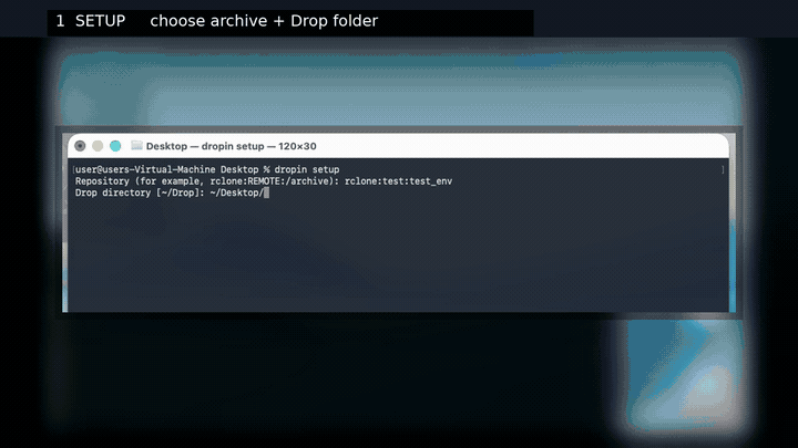 Dropin workflow — drop files, drain them into the archive, search, inspect, and restore