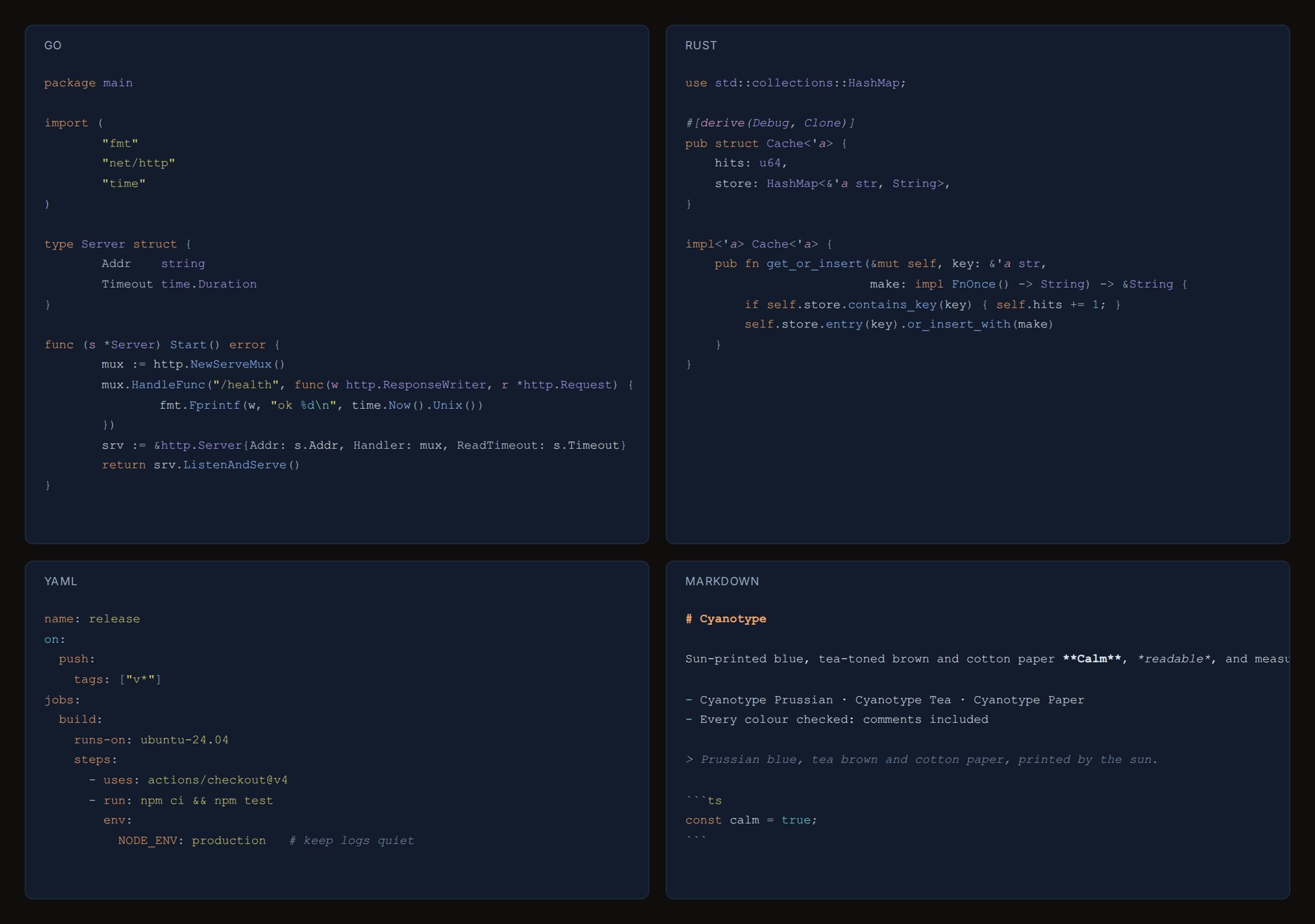 Go, Rust, YAML and Markdown in Cyanotype Prussian