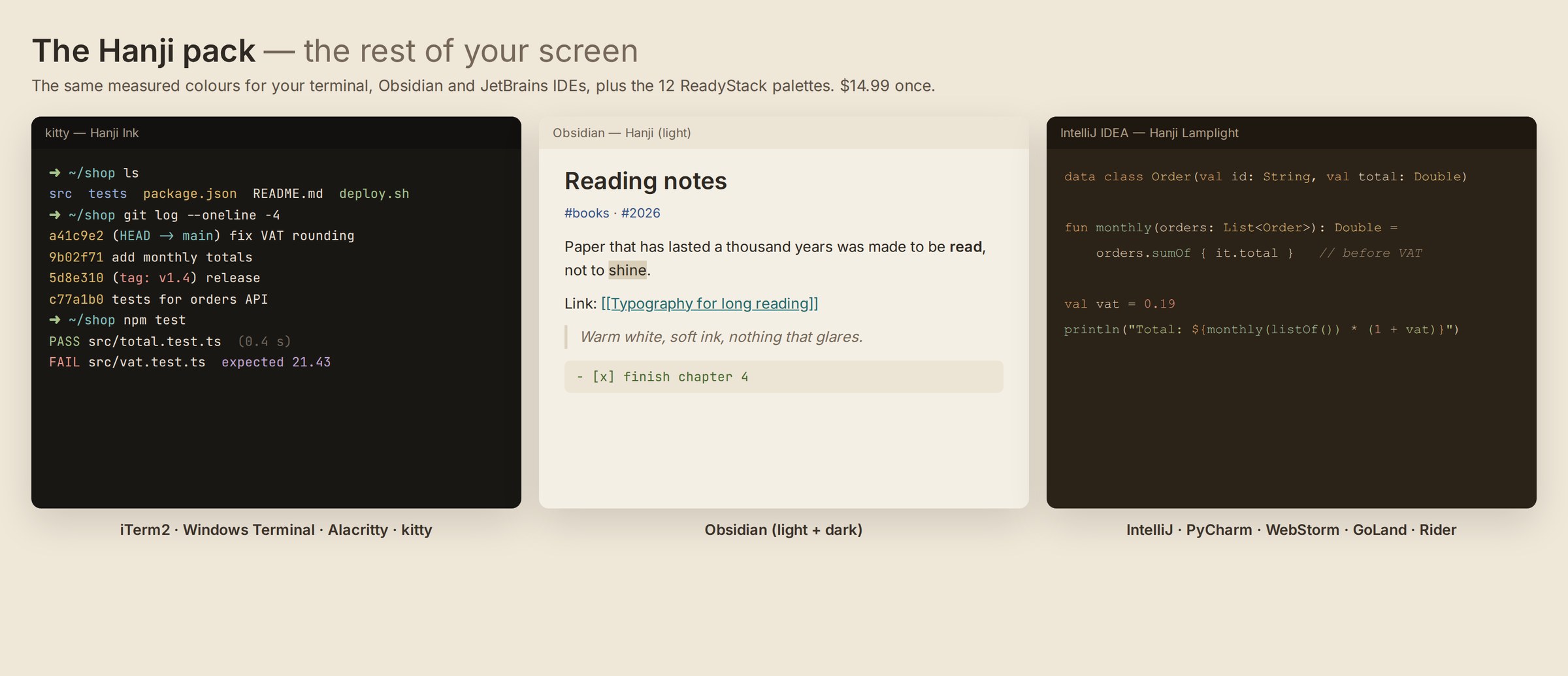 The Hanji pack in a terminal, Obsidian and IntelliJ IDEA