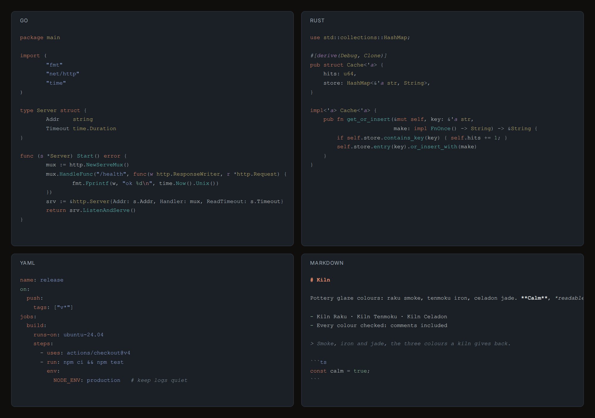 Go, Rust, YAML and Markdown in Kiln Raku