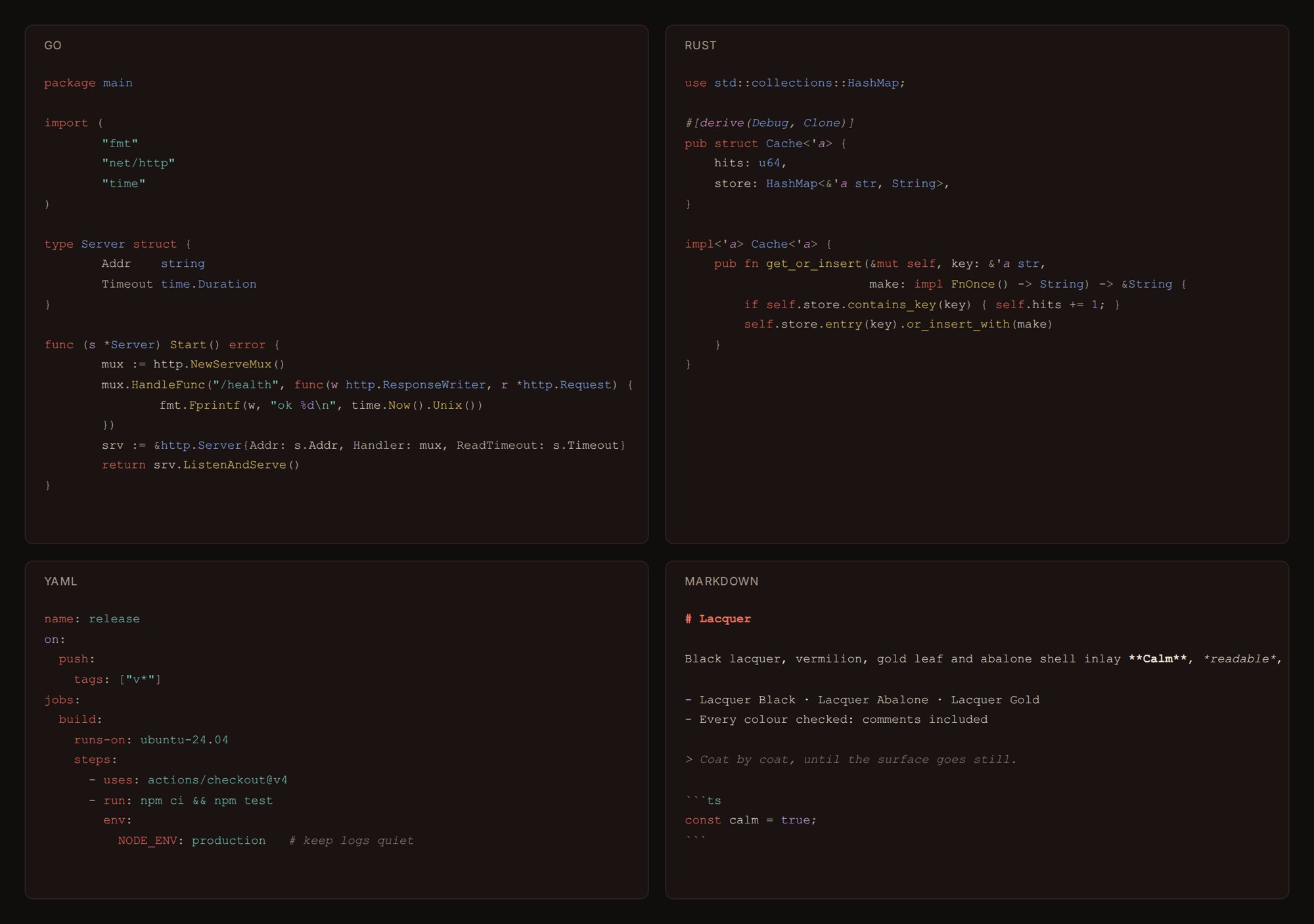 Go, Rust, YAML and Markdown in Lacquer Black