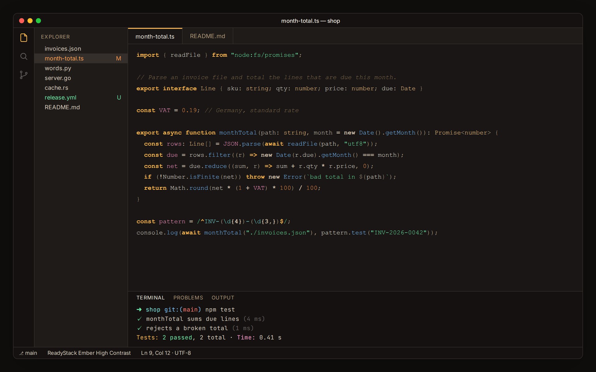 ReadyStack Ember High Contrast in VS Code