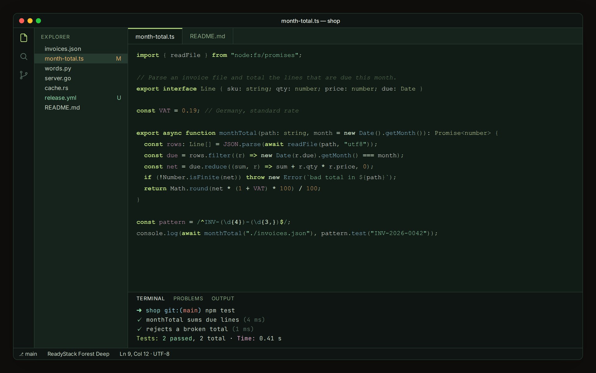 ReadyStack Forest Deep in VS Code