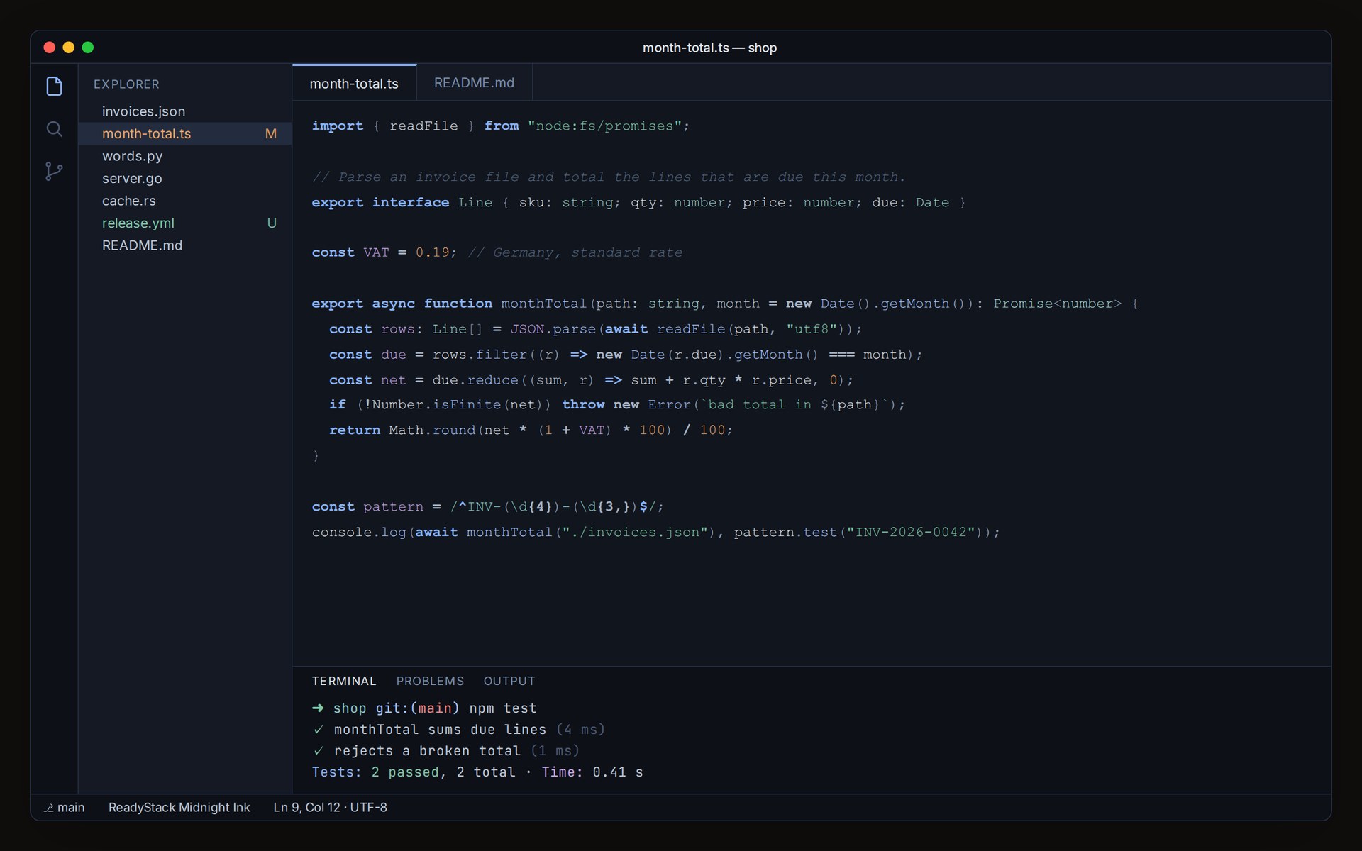 ReadyStack Midnight Ink in VS Code