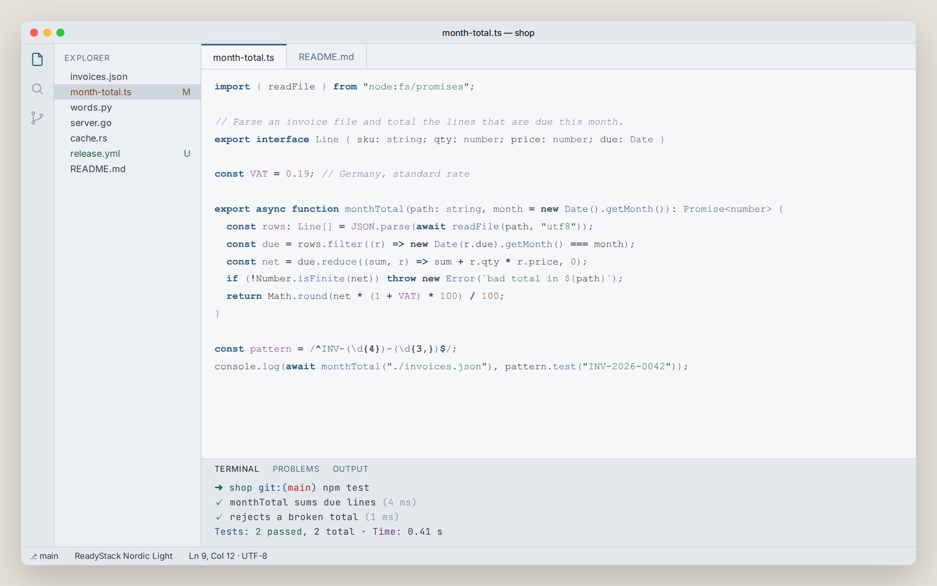 ReadyStack Nordic Light in VS Code