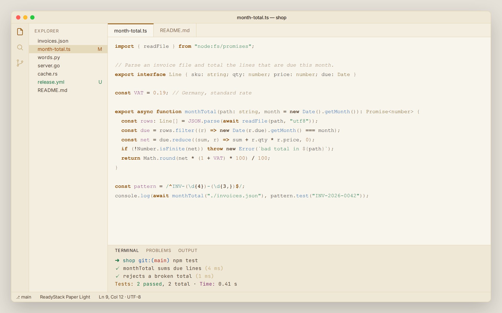 ReadyStack Paper Light in VS Code