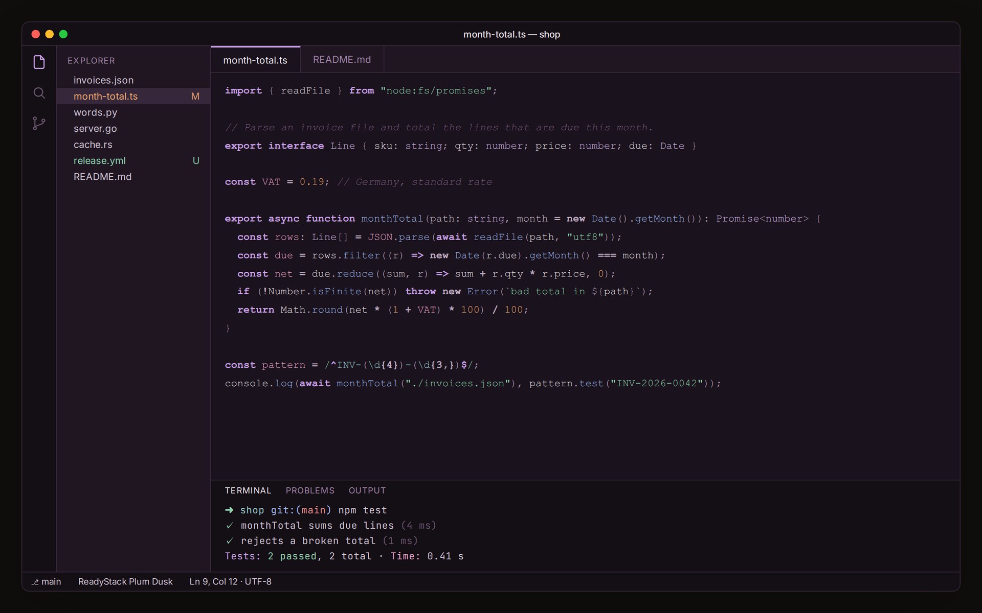 ReadyStack Plum Dusk in VS Code