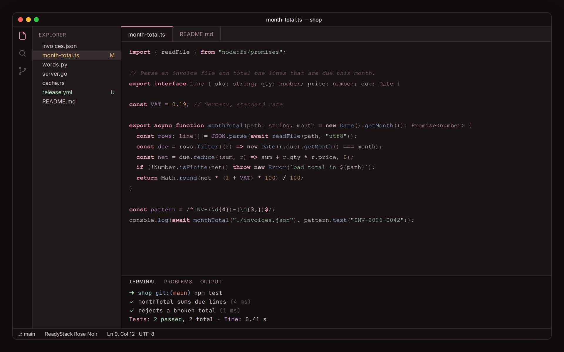ReadyStack Rose Noir in VS Code
