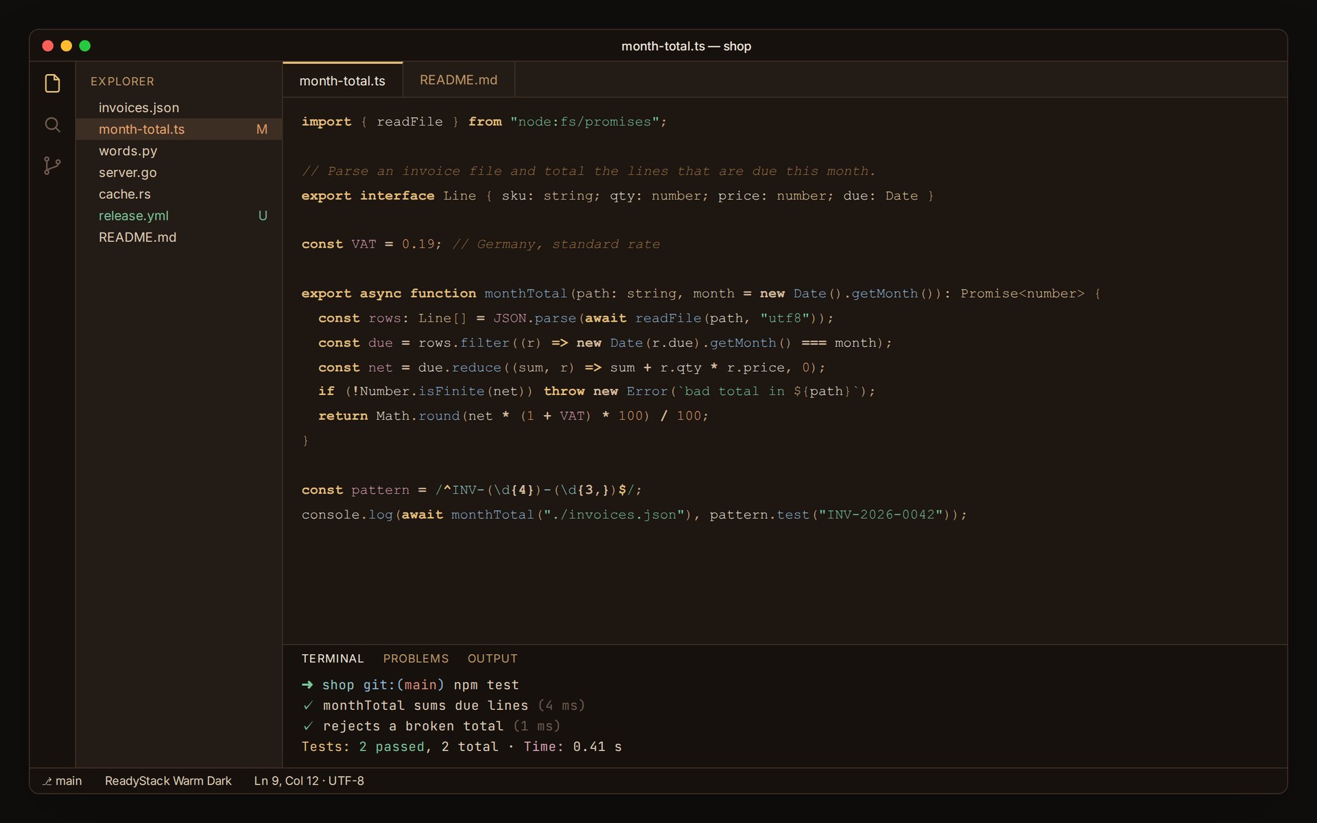 ReadyStack Warm Dark in VS Code