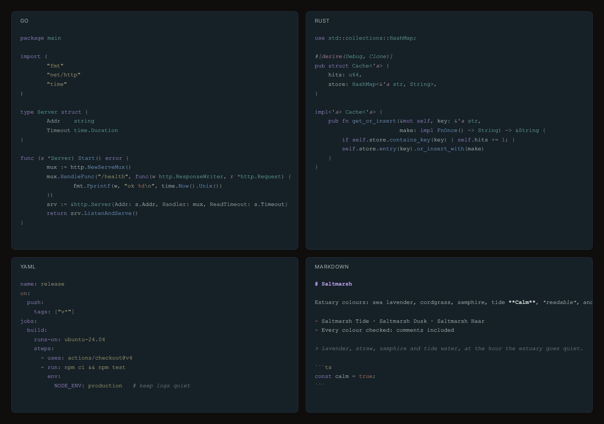 Go, Rust, YAML and Markdown in Saltmarsh Tide